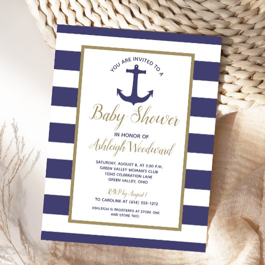 Nautical Anchor Navy Blue Striped Boy Baby shower Uitnodiging Briefkaart