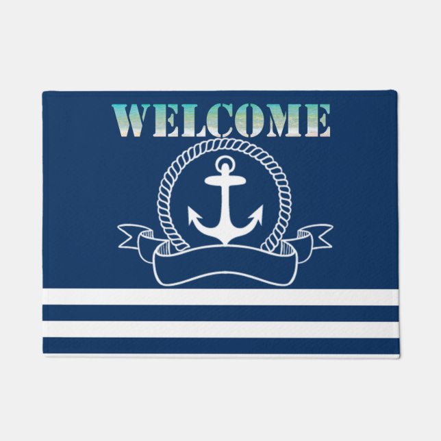 Nautical Anchor Navy Blue Striped Deurmat (Voorkant)
