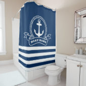 Nautical Anchor Navy Blue Striped Douchegordijn (In situ)