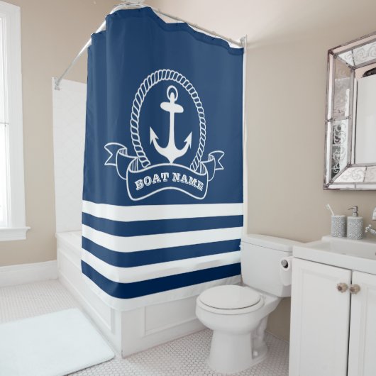 Nautical Anchor Navy Blue Striped Douchegordijn (In situ)