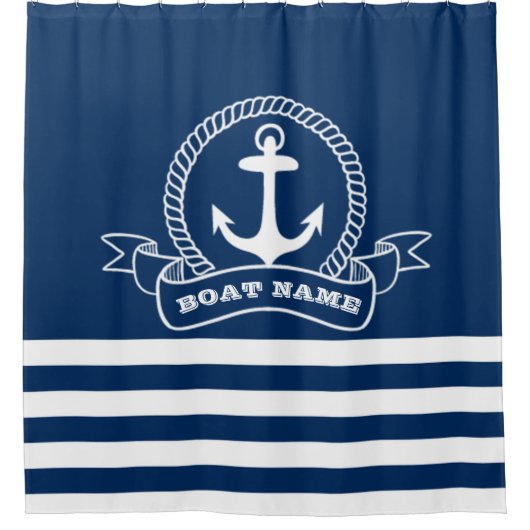 Nautical Anchor Navy Blue Striped Douchegordijn (Voorkant)