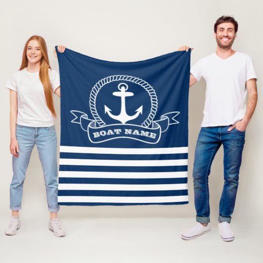 Nautical Anchor Navy Blue Striped Fleece Deken (In situ)