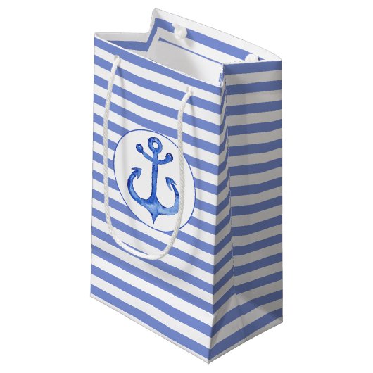 Nautical Anchor - Navy Blue Striped Gift Bag Klein Cadeauzakje (Voorkant Gekanteld)