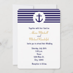 Nautical Anchor Navy Blue Striped Invitation Kaart