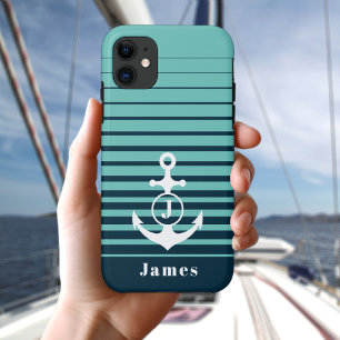 Nautical Anchor Navy Blue Striped Monogram Case-Mate iPhone Case