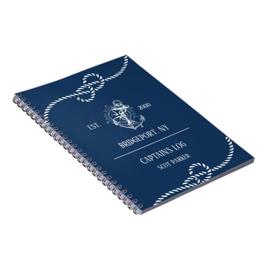 Nautical Anchor Navy Blue Striped Notitieboek (Rechterzijde)