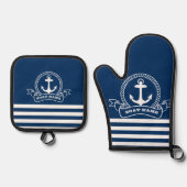 Nautical Anchor Navy Blue Striped Ovenwant & Pannenlap Set (Voorkant)
