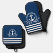 Nautical Anchor Navy Blue Striped Ovenwant & Pannenlap Set (Voorkant / Achterkant)