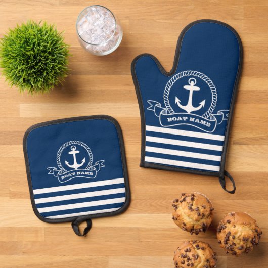 Nautical Anchor Navy Blue Striped Ovenwant & Pannenlap Set (Top down)