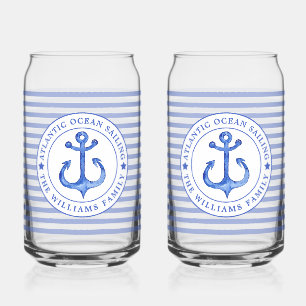 Nautical Anchor Navy Blue Striped Personalized Blikvorm Glas