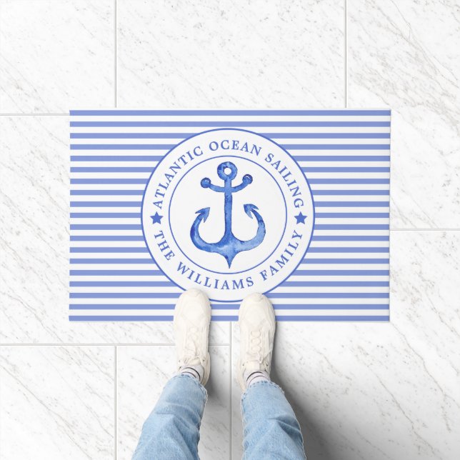 Nautical Anchor Navy Blue Striped Personalized Deurmat (Binnen)