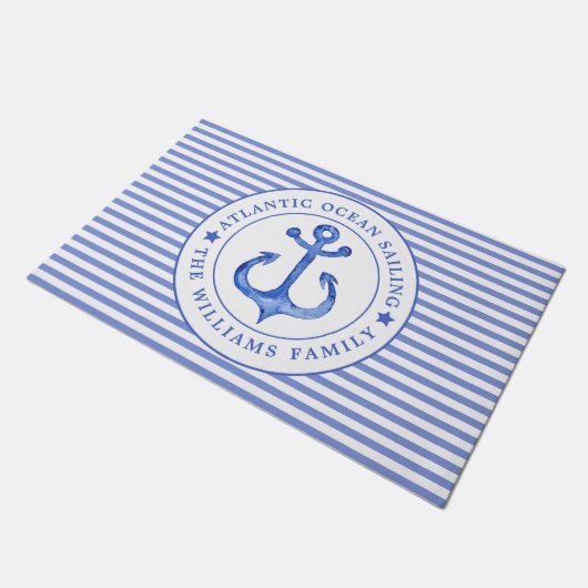 Nautical Anchor Navy Blue Striped Personalized Deurmat (Schuin)