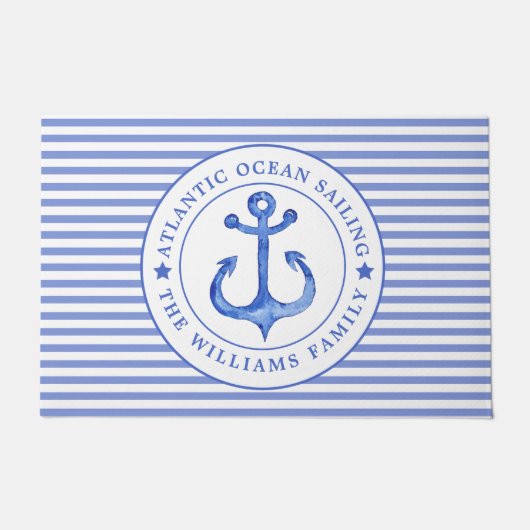 Nautical Anchor Navy Blue Striped Personalized Deurmat (Voorkant)