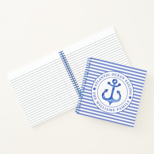 Nautical Anchor Navy Blue Striped Personalized Notitieboek (Binnen)