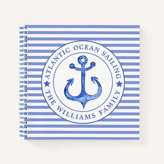Nautical Anchor Navy Blue Striped Personalized Notitieboek (Voorkant)