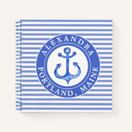 Nautical Anchor Navy Blue Striped Personalized Notitieboek