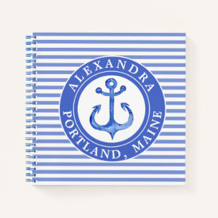 Nautical Anchor Navy Blue Striped Personalized Notitieboek