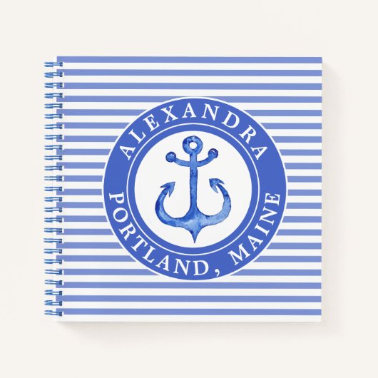Nautical Anchor Navy Blue Striped Personalized Notitieboek (Voorkant)