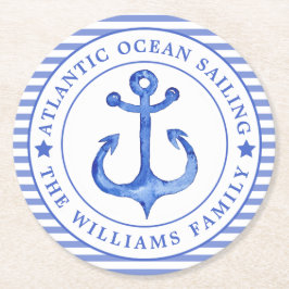 Nautical Anchor Navy Blue Striped Personalized Ronde Kartonnen Onderzetter