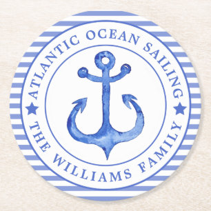 Nautical Anchor Navy Blue Striped Personalized Ronde Kartonnen Onderzetter