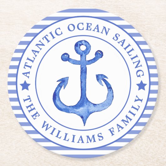 Nautical Anchor Navy Blue Striped Personalized Ronde Kartonnen Onderzetter (Voorkant)