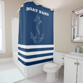 Nautical, Anchor Navy Blue Striped Sailor Douchegordijn