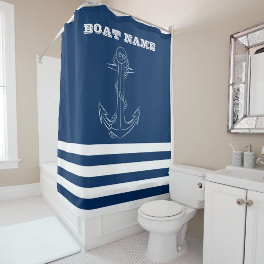 Nautical, Anchor Navy Blue Striped Sailor Douchegordijn (In situ)