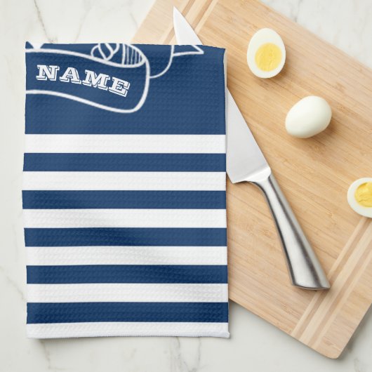 Nautical Anchor Navy Blue Striped Theedoek (Quarter Fold)
