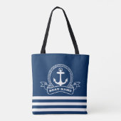Nautical Anchor Navy Blue Striped Tote Bag (Achterkant)