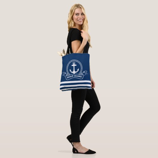 Nautical Anchor Navy Blue Striped Tote Bag (Op model)