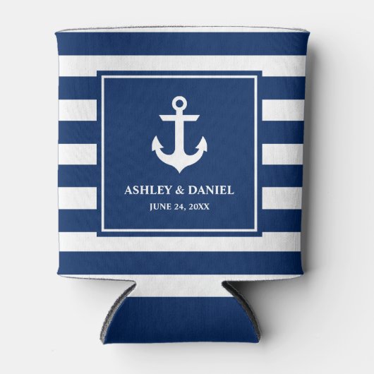 Nautical Anchor Navy Blue Striped Wedding Blikjeskoeler (Voorkant)