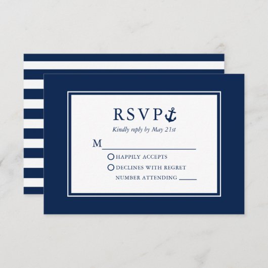 Nautical Anchor Navy Blue Striped Wedding RSVP Kaartje (Voorkant / Achterkant)