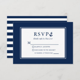 Nautical Anchor Navy Blue Striped Wedding RSVP Kaartje
