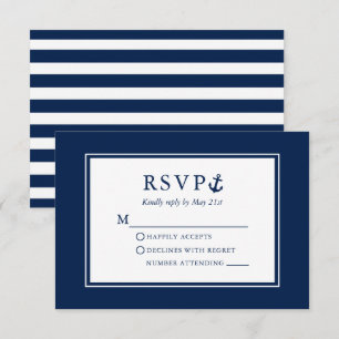 Nautical Anchor Navy Blue Striped Wedding RSVP Kaartje