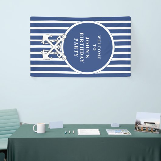 Nautical Anchor Navy Blue Stripes Birthday Banner (Beurs)