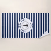 Nautical Anchor Navy Blue Stripes Boat Name Strandlaken (Voorkant)