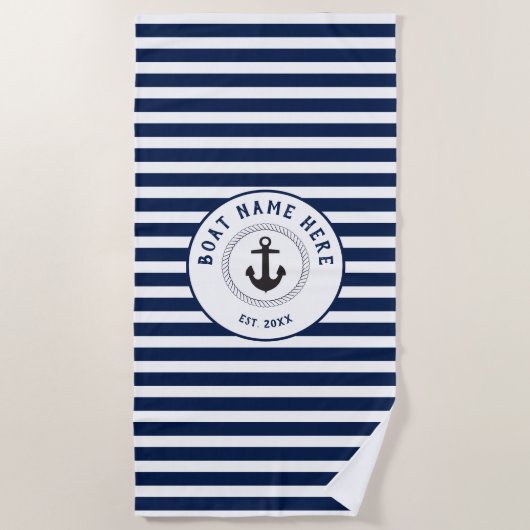 Nautical Anchor Navy Blue Stripes Boat Name Strandlaken (Voorkant)