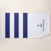 Nautical anchor navy blue stripes Boat Name Strandlaken (Voorkant)