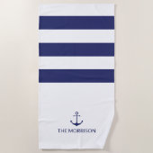 Nautical anchor navy blue stripes Boat Name Strandlaken (Voorkant)