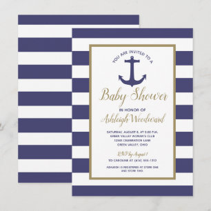 Nautical Anchor Navy Blue Stripes Boy Baby shower Kaart