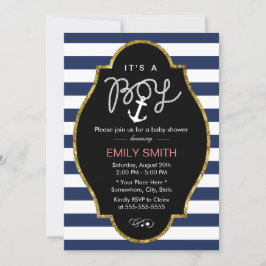 Nautical Anchor Navy Blue Stripes Boy Baby shower Kaart