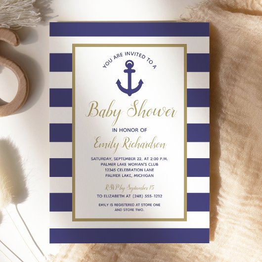 Nautical Anchor Navy Blue Stripes Boy Baby shower Kaart