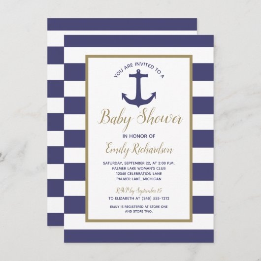 Nautical Anchor Navy Blue Stripes Boy Baby shower Kaart (Voorkant / Achterkant)
