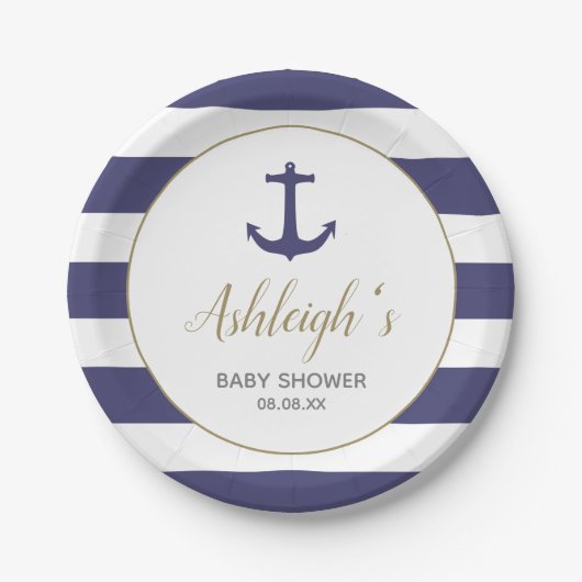 Nautical Anchor Navy Blue Stripes Boy Baby shower Papieren Bordje (Voorkant)