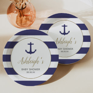 Nautical Anchor Navy Blue Stripes Boy Baby shower Papieren Bordje