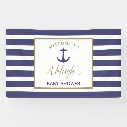 Nautical Anchor Navy Blue Stripes Boy Baby shower Spandoek (Horizontaal)