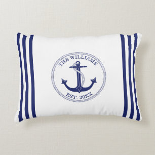 Nautical Anchor Navy Blue Stripes Familienaam Accent Kussen