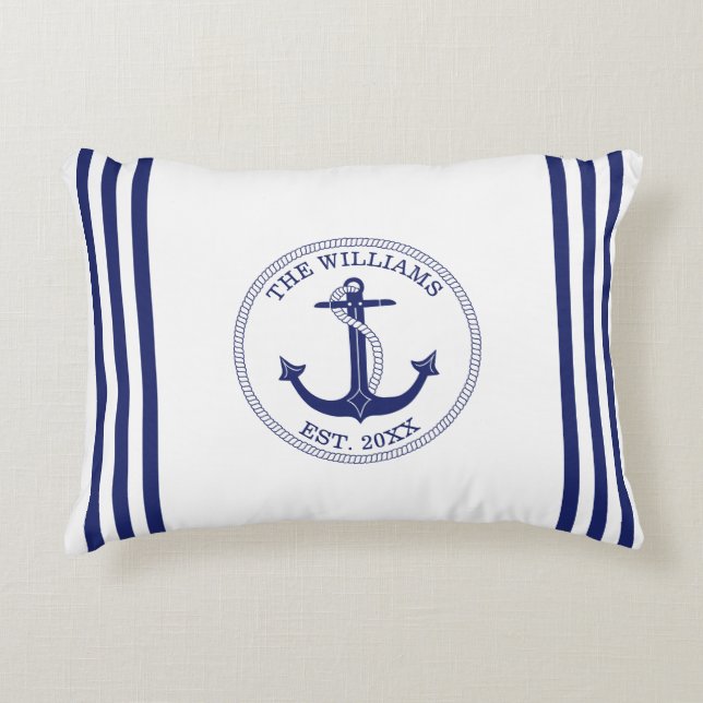 Nautical Anchor Navy Blue Stripes Familienaam Accent Kussen (Voorkant)