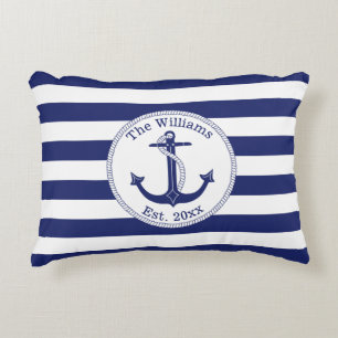 Nautical Anchor Navy Blue Stripes Familienaam Accent Kussen