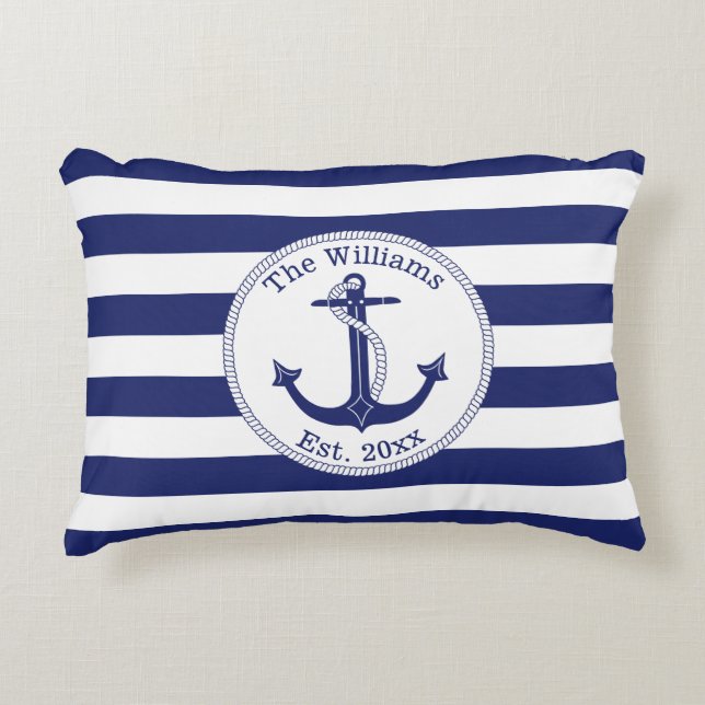 Nautical Anchor Navy Blue Stripes Familienaam Accent Kussen (Voorkant)